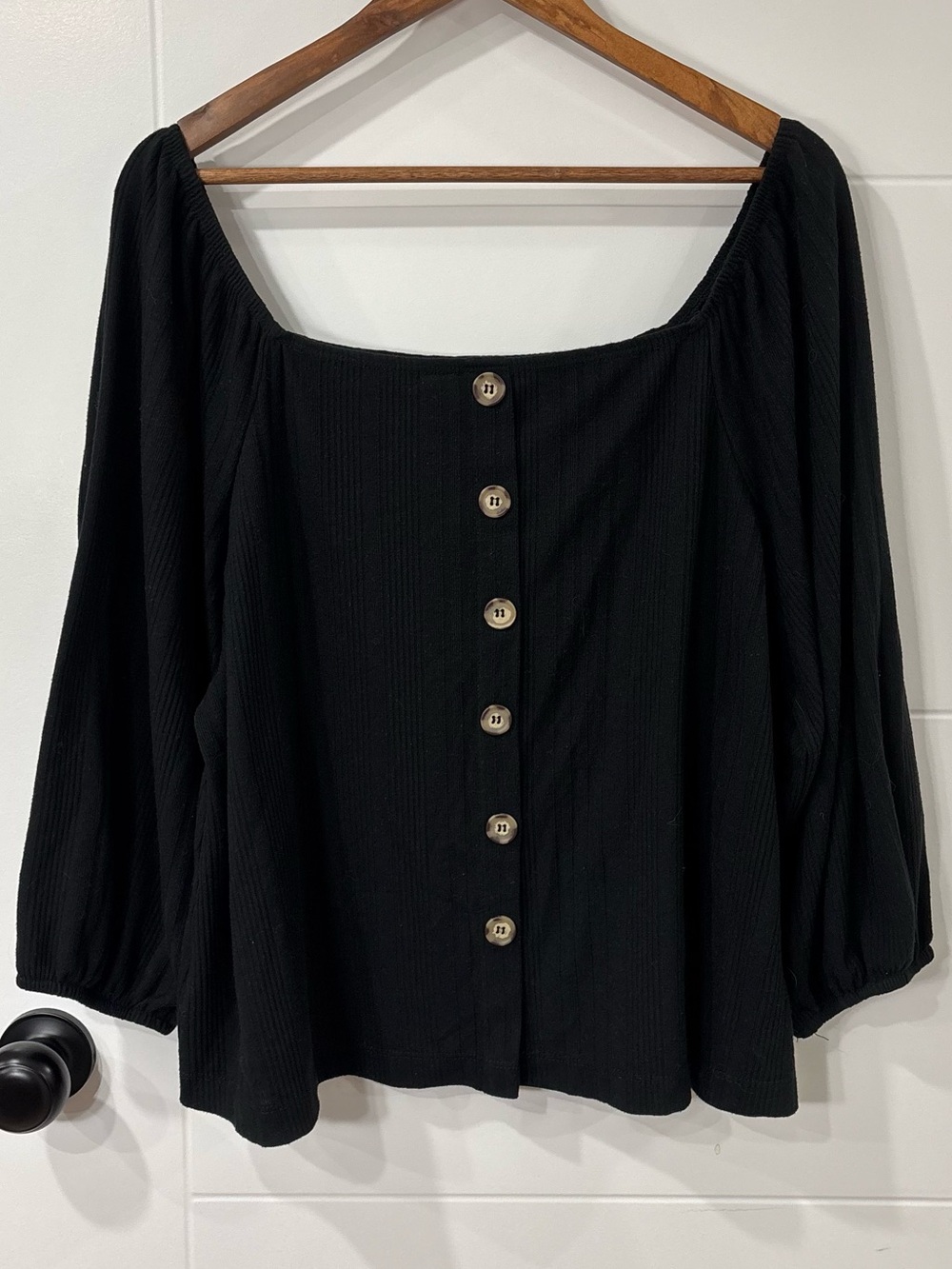 Ribbed Knit Blouse with Tortoise-Shell Buttons